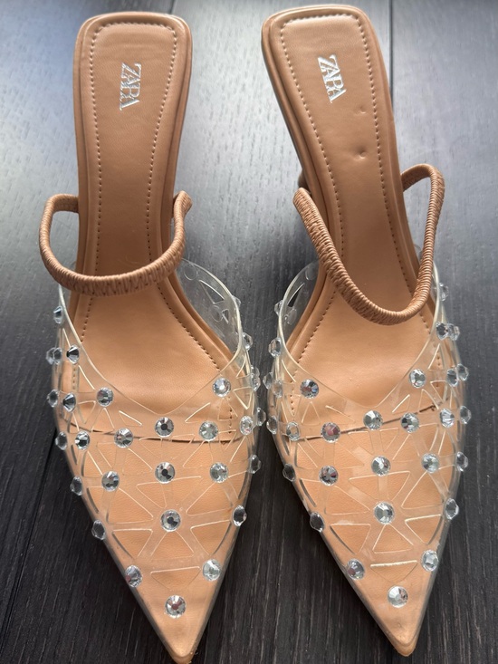 Zara Shoes - Zara Tan Pointed Heel with Clear Jeweled Straps and Embellishments